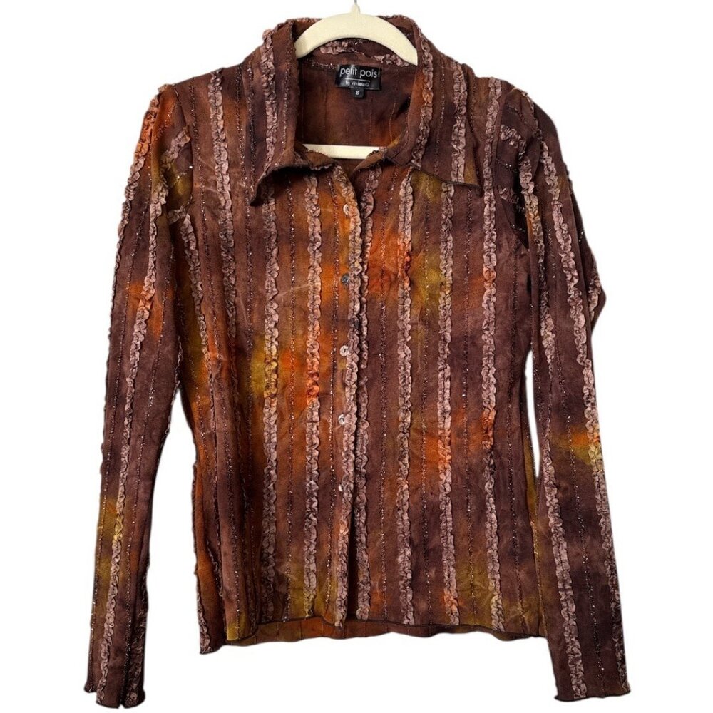 Petit Pois By Viviana G Brown Tie Dye Long Sleeve Button-Up Shirt Ruffle Stripes